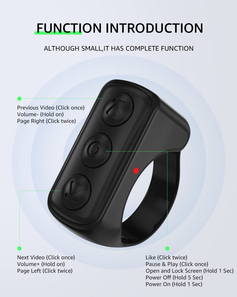 TIK TOK Wireless Page Turner Tiktok Scrolling Button Ring Fingertip Bluetooth Remote Control with Charging Case for iPhone Android ipad Cell Phone (Black) Black