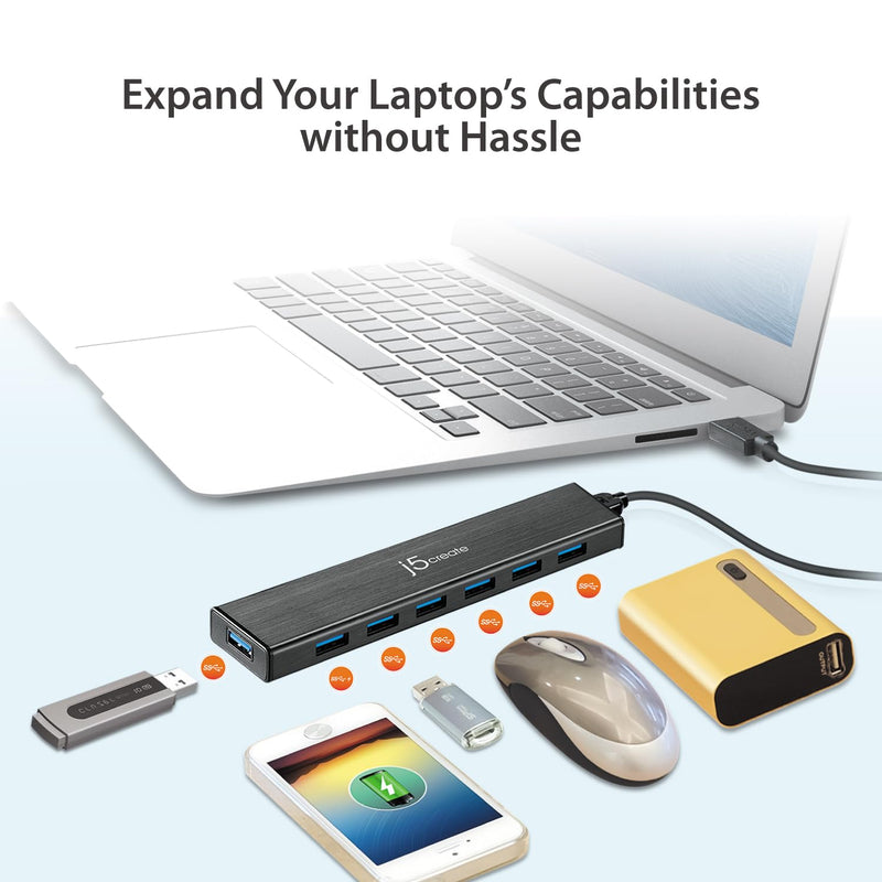 j5create 7-Port Powered USB 3.0 20W Data Hub with 3.3 ft Extended Cable | Power Adapter Included, for Mac, MacBook, Windows, Laptop, Surface, XPS, PC (JUH377)