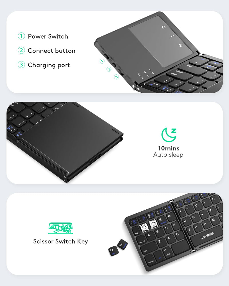 Samsers Foldable Bluetooth Keyboard with Touchpad - Portable Wireless Keyboard with Holder, Rechargeable Full Size Ultra Slim Pocket Folding Keyboard for Android Windows iOS Tablet & Laptop - Black BT x 1