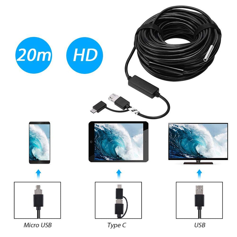 USB 2.0 Endoscope, Akozon 3-in-1 Endoscope Inspection Camera 5.5 mm - 20 m Snake USB 720p Megapixel HD IP67 Waterproof Snake Camera 6 Adjustable LED Light for Smart Android Tab