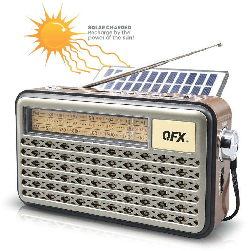 QFX Solar Rechargeable AM FM SW Bluetooth Emergency Radio, RETRO-15 | LED Flashlight, Phone Charger, USB/TF MP3 Player, Telescopic Antenna, Battery Operated