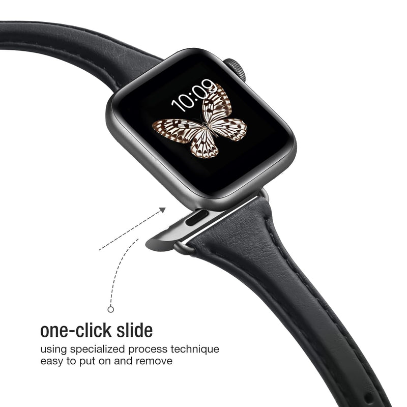 Slim Apple Watch Leather Band and Stainless Steel Metal Band for iWatch 38mm, 40mm, and 41mm，Black Black+Metal Black