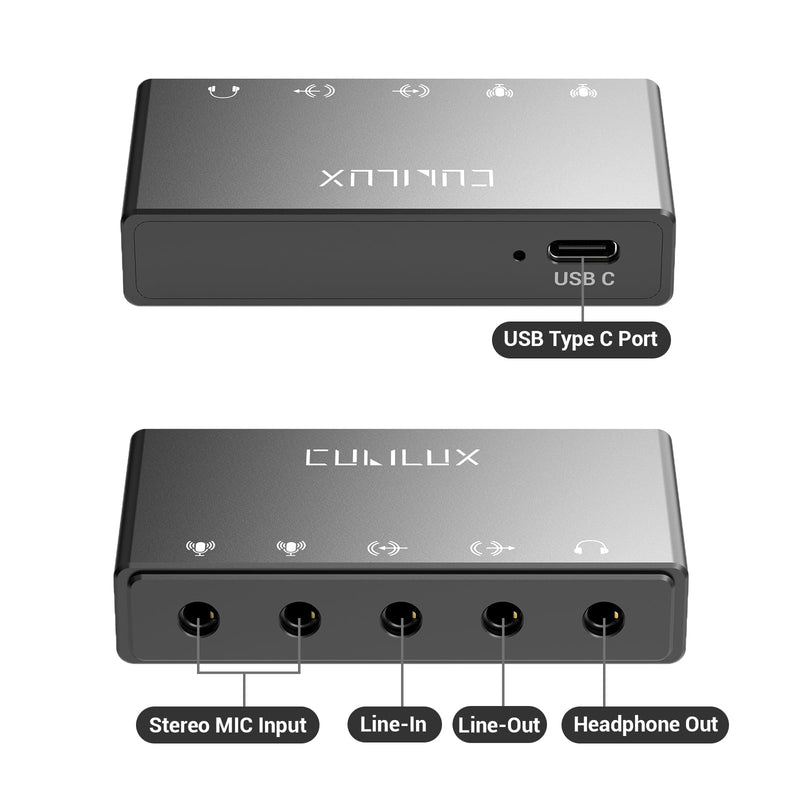 Cubilux CB5 USB Audio Interface for Recording, Streaming, Podcasting, USB to 3.5mm Sound Card with Stereo Microphone Input, Line-In, Line-Out & Headphone Jack for Monitors, Support Windows & Mac OS