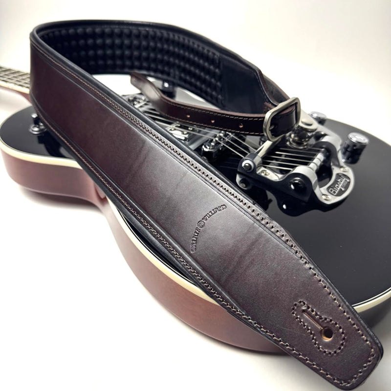 Walker And Williams FPB-43 Super Premium Full Length Grain Leather Air Cell Neoprene Backed Guitar Strap In Dark Hickory Brown Finish, Aged Nickel Buckle For Acoustic, Electric, And Bass Guitars.