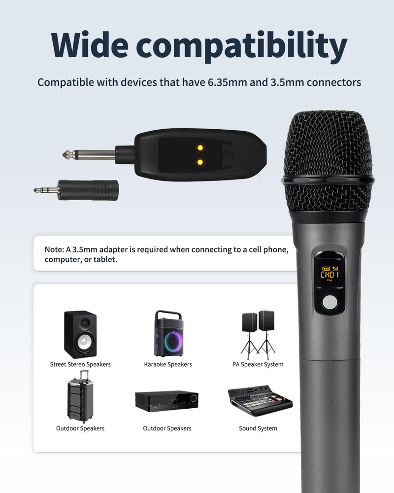 Wireless Microphone System, Dual Cordless Mics with 2.4GHz Signal, Rechargeable Plug & Play Dynamic Microphones for Karaoke, Church, Wedding, Speech, 250ft Range