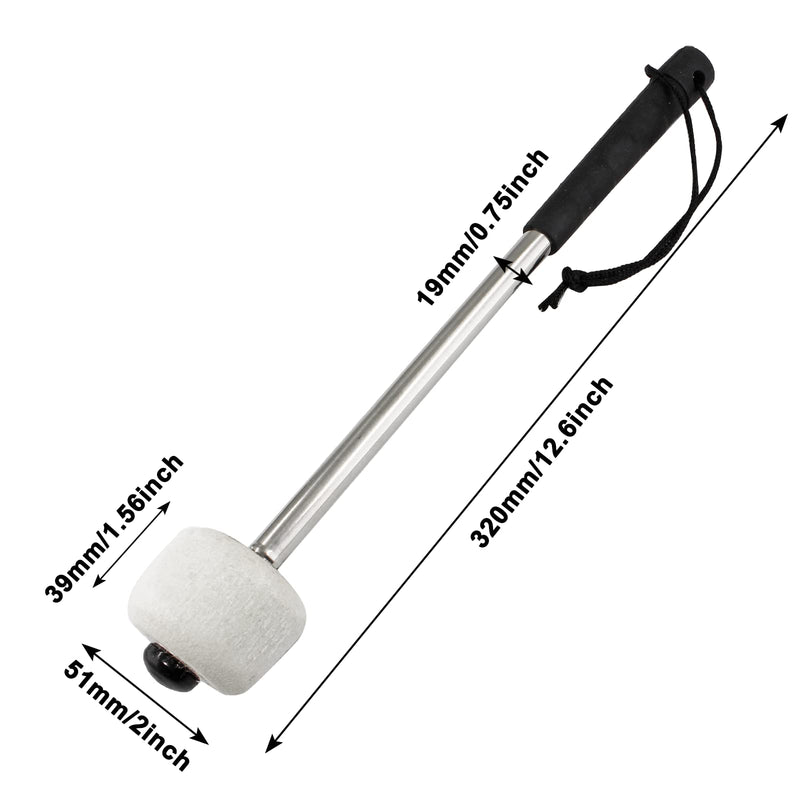 2Pcs Bass Drum Mallet, 12.6 Inch Wool Felt Head Drum Mallet Stick Anti-slip Bass Percussion Sticks Instrument Band Accessory for Drums Snare Drums (Stainless Steel) Black Handle Cover