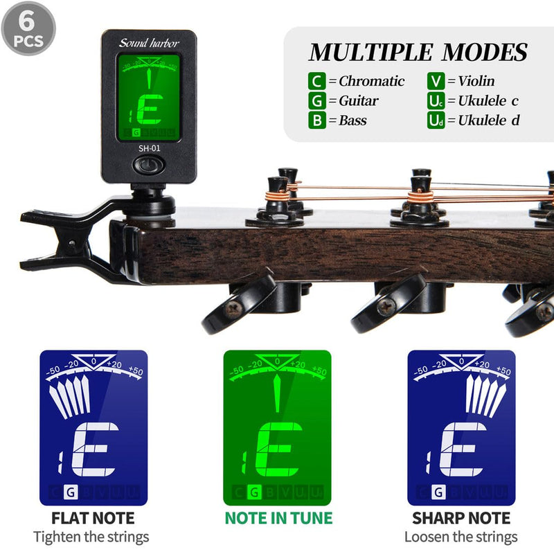 Guitar Tuner Clip On Ukulele Tuner for All Instruments Guitar Bass Ukulele Violin banjo Tuner (Tuner 6 Pack) Tuner 6 Pack