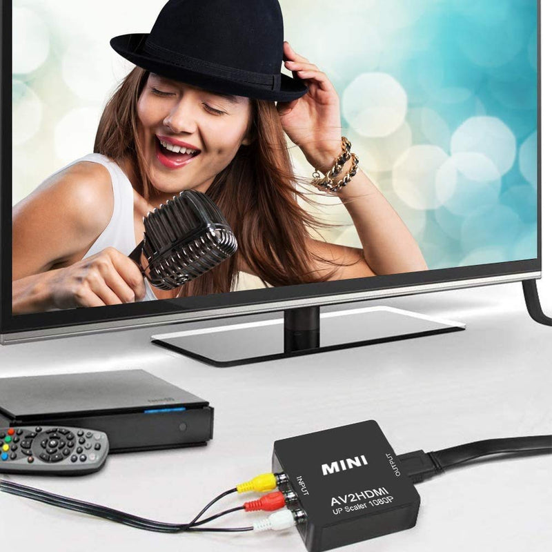 RCA to HDMI Converter,Mini Composite AV to HDMI Video Adapter Box for Smart TV/VCR/DVD/VHS Player/Roku/PS2 Game Console/N64/Wii,with USB Power Cable,Supporting PAL/NTSC Black