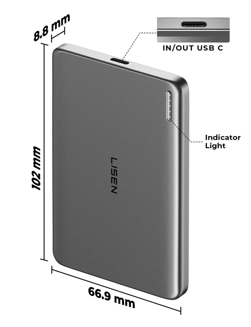 [AUSTRALIA] - LISEN 0.3‘’ Ultra Slim MagSafe Portable Charger iPhone,Alloy 5,000mAh Magnetic Wireless Card Power Bank,MagSafe Battery Pack for iPhone 16/15/14/13/12,Valentines Day Gifts for Men Women,Glacier Gray Glacier Gray 0.3‘’ 