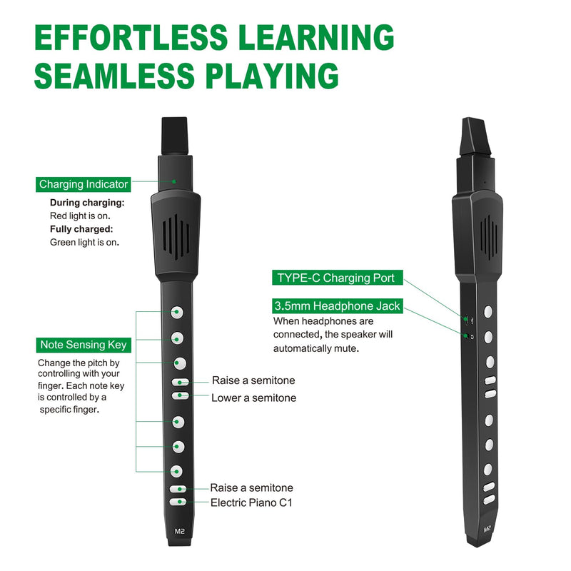EX Digital Wind Instrument with 12 Tones, 3 Fingerings, Scales, Transpose Function, Automatic Vibrato, Three-octave Option, and Blow Intensities (Black) Black