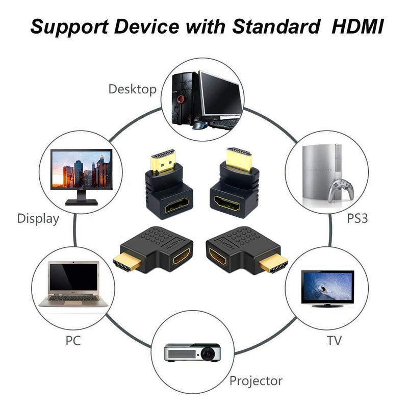 6Pack 3D and 4K HDMI Angled Adapter Combo 4 Pcs 90 and 270 Degree 2 Pcs Vertical Flat Left and Right 90 Degree Male to Female HDMI Adapter TV Connector