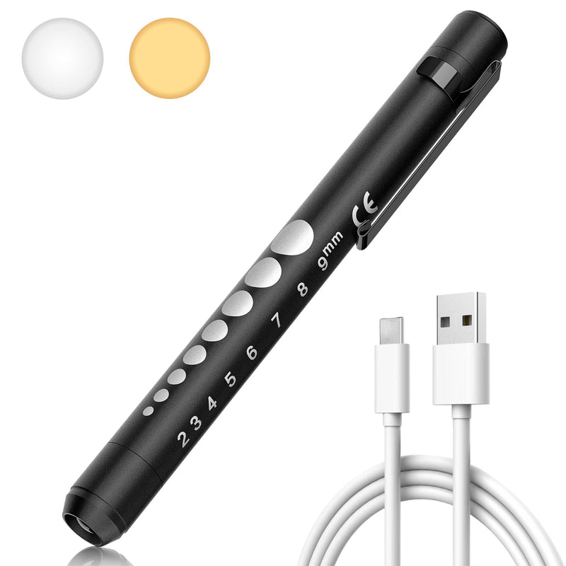 RISEMART Pupil Light Diagnostic Light with Pupil Meter and Ruler, Warm/Cool White, Rechargeable USB LED Pen Lamp for Nurses, Students, Doctors (Black) black