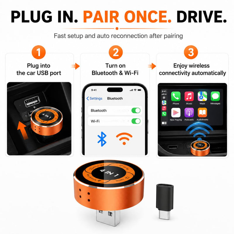 4-in-1 Wireless CarPlay Adapter, Converts Wired CarPlay & Android Auto to Wireless, Supports AirPlay & Screen Mirroring, Auto Reconnect, USB-A/C Included, Plug and Play