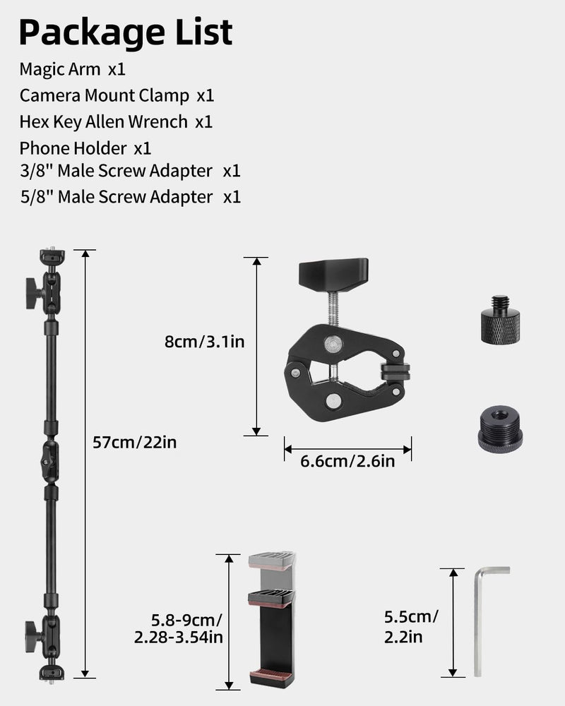 [AUSTRALIA] - 22" Magic Arm w Clamp, Overhead Phone Mount, Desk Camera Mount w Articulating Friction Boom Arm Thread Adapter, for Phone Video Light Webcam Microphone Action Camera Content Creators 22IN-BK 