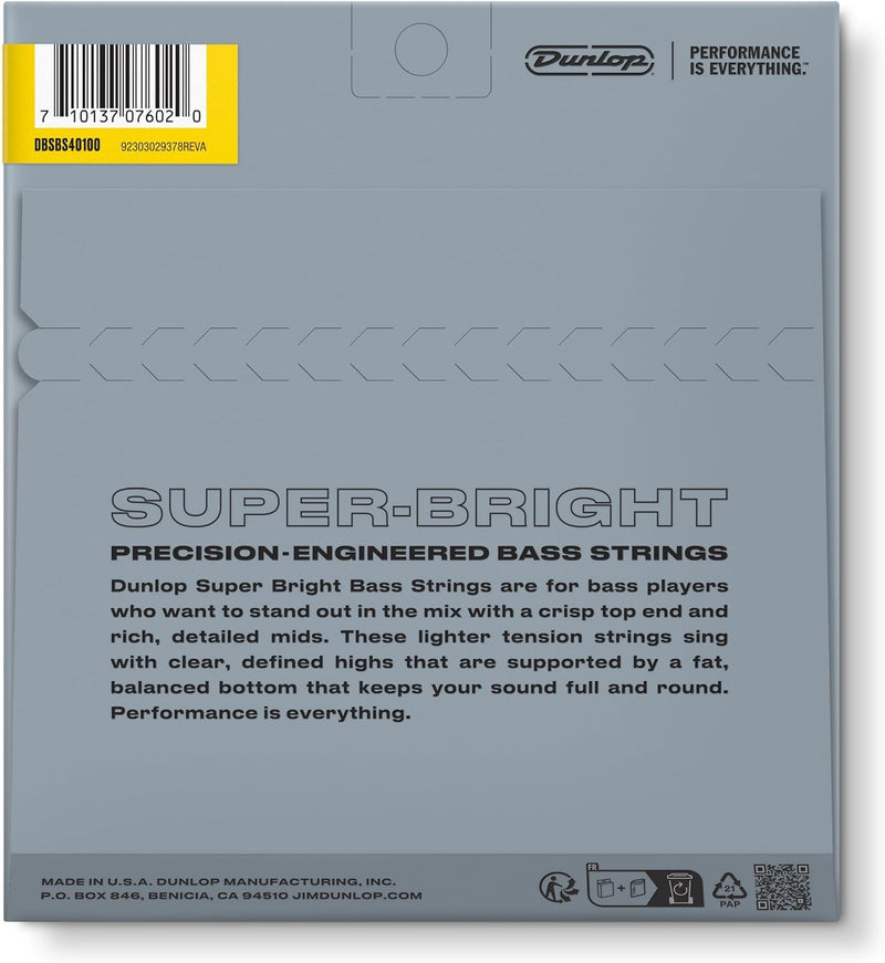 Dunlop DBSBS40100 Super Bright Bass Strings, Stainless Steel, Light, .040-.100, 4 Strings/Set (2 Pack)