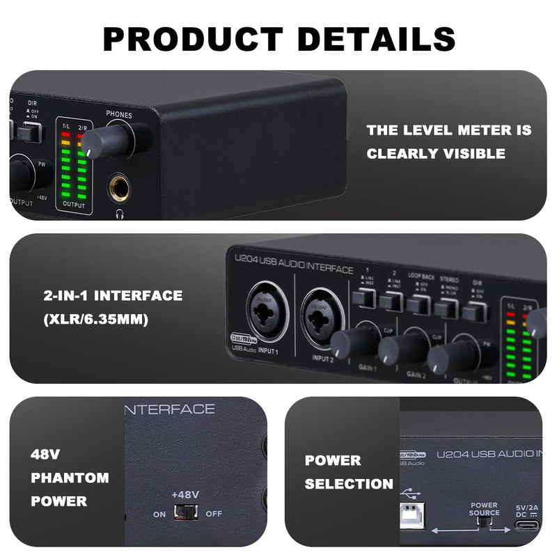 BOMGE U204 USB Audio Interface for PC Computer Recording Music, 2x2 Guitar Audio Interface for Mac 32Bit/192kHz Podcasting Streaming for Vocalist Producer with 48V Phantom