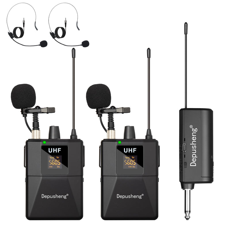 Depusheng UHF Microphone System -Wireless Microphone Set with Headset and Lavalier Lapel Mics, Beltpack Transmitter and Receiver,200ft Range, for Recording PA Speaker,Conference Q6MIC2