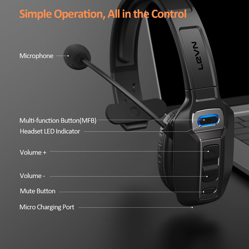[AUSTRALIA] - LEVN Bluetooth Headset with Microphone, Trucker Bluetooth Headset with AI Noise Cancelling & Mute Button, Wireless On-Ear Headphones 60 Hrs Working Time, for Trucker Home Office Remote Work Zoom Black 