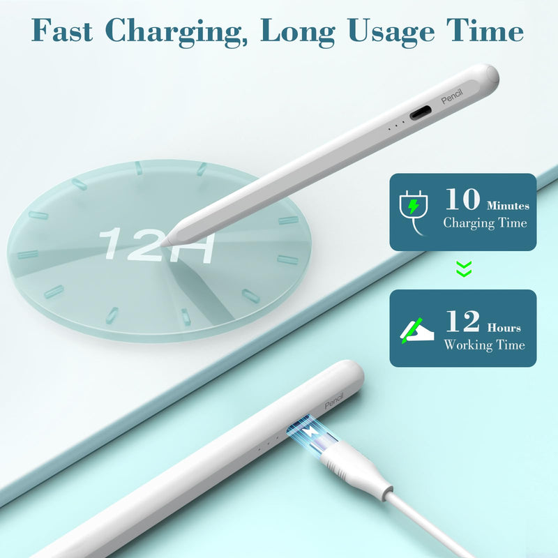 Stylus Pen for iPad, 10 Mins Fast Charging Apple iPad Pencil 1st/2nd Generation with Palm Rejection, Tilt Sensitivity for iPad 6/7/8/9/10, iPad Pro 11" and 12.9", iPad Air 3/4/5, iPad Mini 5/6 A-white