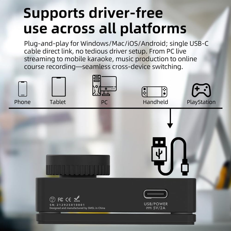 SMSL Nano ONE Pro External Sound Card, Hi-Fi DSP Chip,Virtual 7.1 Surround Sound, for Windows/Mac/Phone/Live Stream/Game,3.5mm Headphone Output, Mic in, Plug and Play Driverless (Black) Black