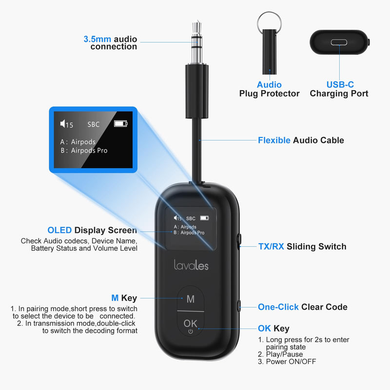 Bluetooth 5.3 Transmitter Receiver for Airplane to 2 Headphone – aptX Low Latency, 100ft Long Range, 35H Playtime, 2-in-1 Wireless Bluetooth Audio Adapter W/Screen for TV, Tablets, Speakers Black