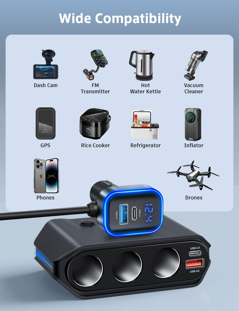 [AUSTRALIA] - 7 in 1 Cigarette Lighter Splitter, SONRU 180W (max 192W) 3-Socket Car Cigarette Lighter Adapter with Dual PD 36W/QC3.0 Fast Charging (3.7FT Cable) 12V/24V Independent Switches & LED Voltage Display BLACK 