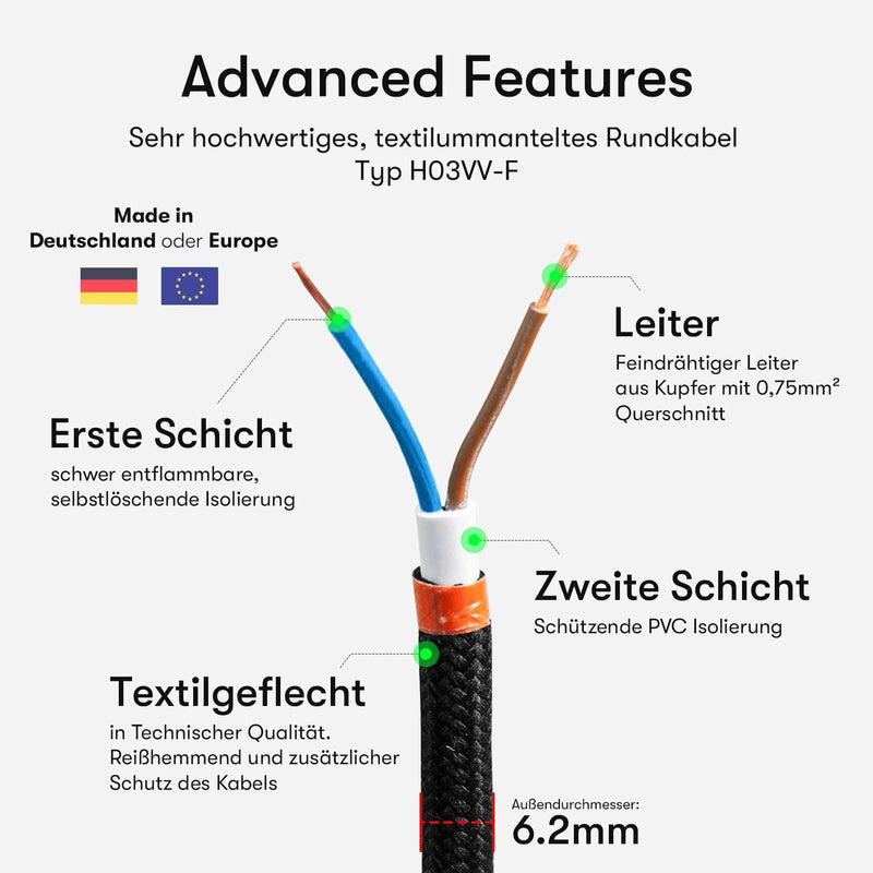 Textile Cable for Lamps, Various Colours, 2 Core, 2 x 0.75 mm2, black 3 Meter