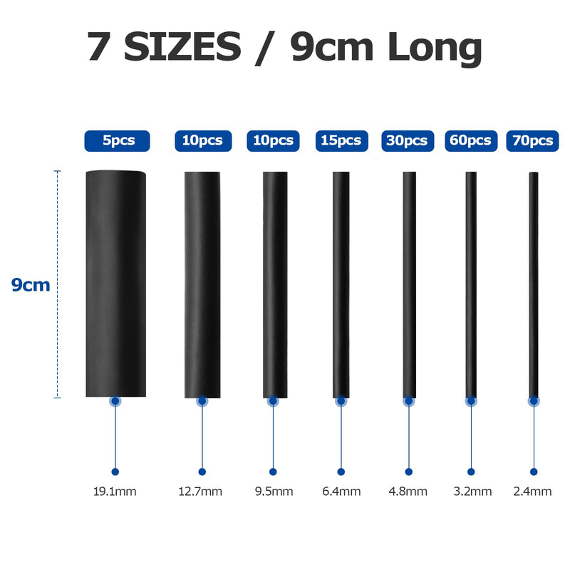 Heat Shrink Tubing Set, 200 Pieces, 9 cm, Black, Heat Shrink Tubes, Waterproof 3:1 Heat Shrink Tube Assortment, 2.4-19.1 mm for Cable Insulation, Charging Cable 9 cm Black (200 Pieces)