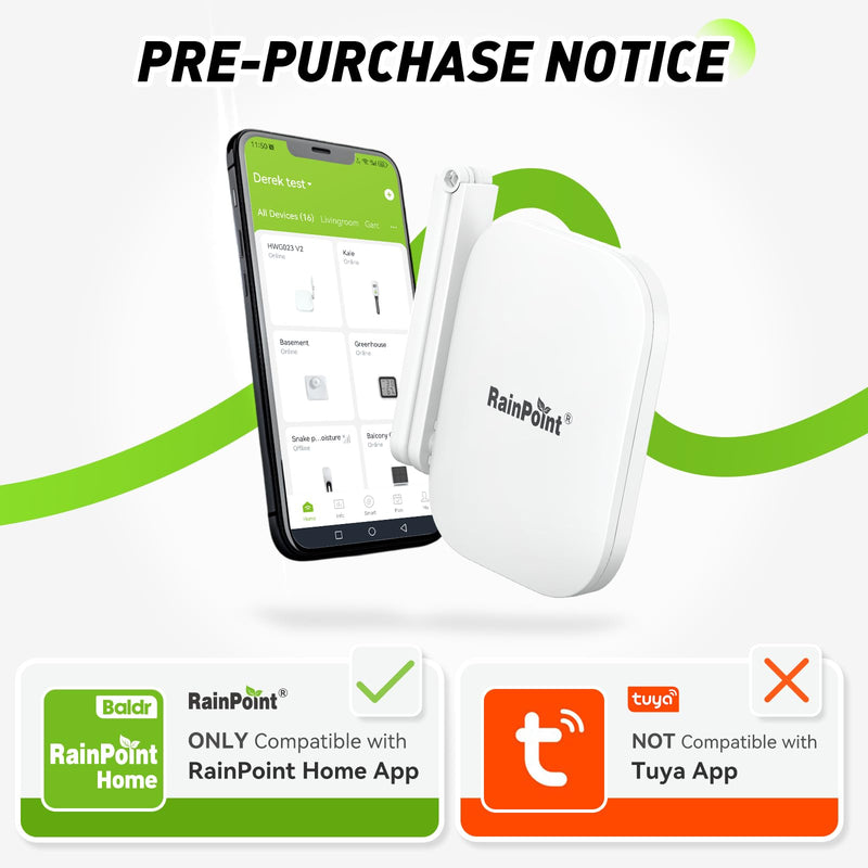 RAINPOINT Gen2 2.4GHz Mini WiFi Hub App Control,RAINPOINT Devices System Only,853ft Connection Range, Support Up to 39 Devices