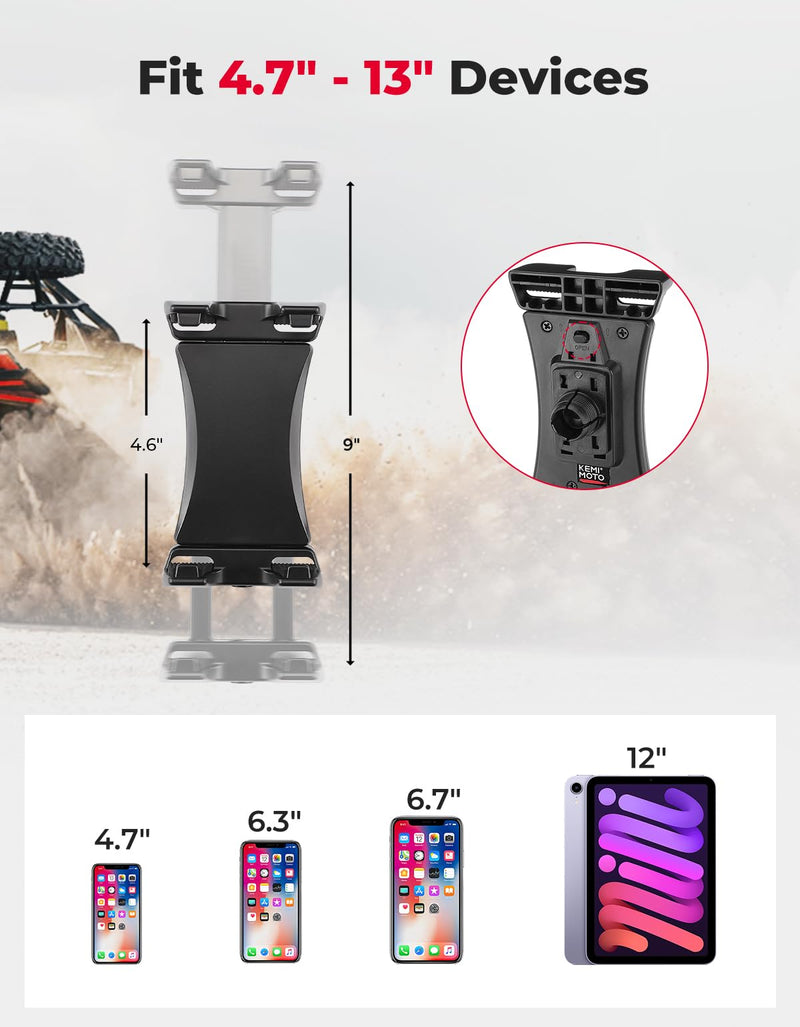 KEMIMOTO UTV Phone Mount ATV Holder, Fit 4.7"-13" Phone & Tablet | 360° Adjustable Heavy Duty, Compatible with Can-Am Maverick X3 Outlander Polaris RZR Sportsman Kawasaki Talon Viking