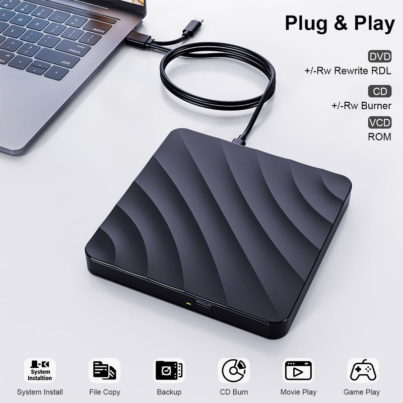 QDSYLQ External CD DVD Drive for PC - USB 3.0 CD Burner DVD Player for Laptop, External Optical Drives for PC/MacBook, Disc Reader for Windows 11/10/8/7/XP/Vista, Linux, Mac Glossyblack