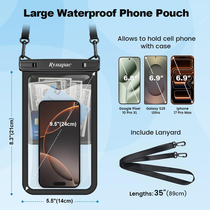 4 Pack Waterproof Phone Pouch, 10in Large Waterproof Phone Pouch 2Pack + 8.5in 2Pack Floating Waterproof Phone Case with Lanyard for iPhone 16 15 Pro Max, Galaxy S24 S23 Ultra, Cruise Ship Essentials