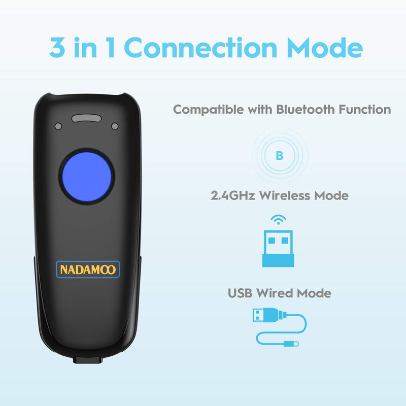 NADAMOO Wireless Barcode Scanner Compatible with Bluetooth, with Charging Dock, Portable USB 1D Bar Code Scanner for Inventory, 2.4G Wireless & Wired Barcode Reader for Tablet iPhone iPad Android iOS Blue