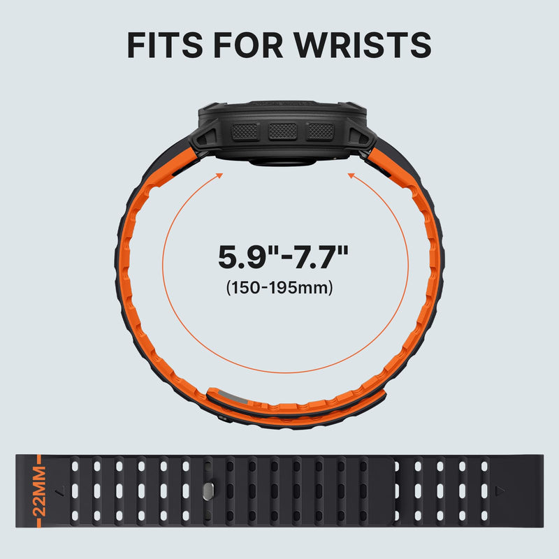 Bandletic Magnetic Band Compatible with Garmin Watch Quick Fit 22mm | 17 N52 Magnets + Snap Button, Stays on Arm During Sports, For Instinct E/3 45mm/2/Fenix E/8 47mm/7/6/5/Forerunner 970/965/955 Black/Orange
