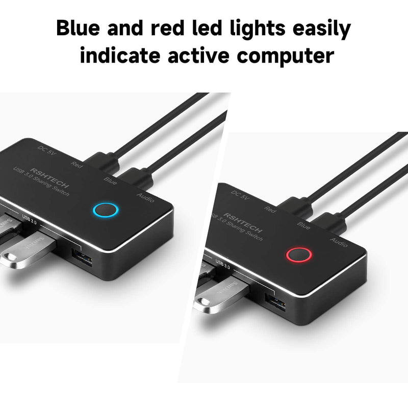 RSHTECH USB 3.0 Switch Selector with 4 USB-3.0 Ports, 3.5mm Audio Jack | 2 Computers Sharing 5 Peripheral Devices, Aluminum USB Switcher Hub with 2 USB Cable for Keyboard, Mouse, Printer RSH-A201