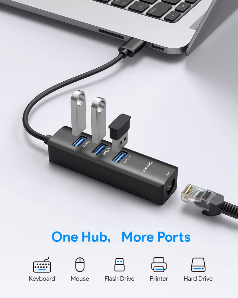 USB to Ethernet Adapter, ABLEWE 3 Ports USB 3.0 Hub with RJ45 1Gbps Gigabit Ethernet Adapter, for MacBook Air 2017, iMac, XPS, Surface Pro, Linux, Chromebook, Notebook and More - Black