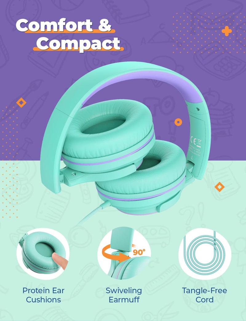 [AUSTRALIA] - iClever 2Pack Kids Headphones with Sharing Splitter - 85dBA Safe Volume Limited - HS22 Wired Headphones for Kids Teens, Tangle-Free 3.5mm Jack Foldable Stereo Headphones for School/Tablet/Travel Green & Blue 