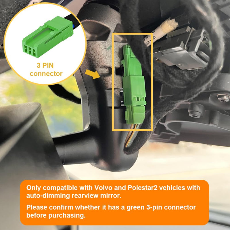 Dash Camera Power Adapter (3-Pin) for for Volvo, Polestar and More, LED Display USB Power Source, Connects to Rearview Mirror, Easy to Install, 5V 12V Output, D3-015