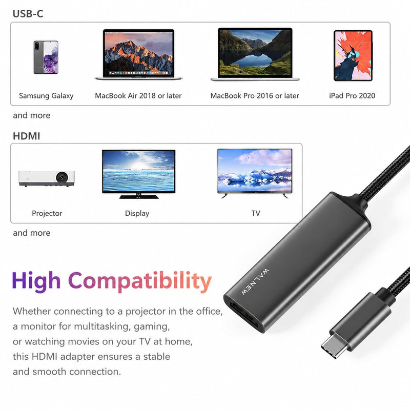 WALNEW USB-C to HDMI Adapter 4K 30Hz, Thunderbolt 3 Monitor Converter | Type-C to HDMI for Mac, MacBook, iPad Pro/Air, Samsung Galaxy, Chromebook, Surface, Dell XPS