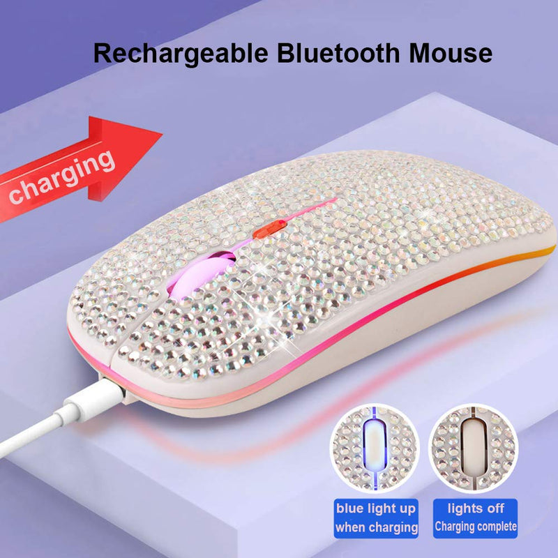 Attoe Bluetooth Mouse,Bling Dazzling 2.4GHz Rechargeable Wireless Mouse Slim Mouse with USB Receiver,Compatible with Notebook,PC,Laptop,Computer,MacBook,Great Gift idea for Her (White) White