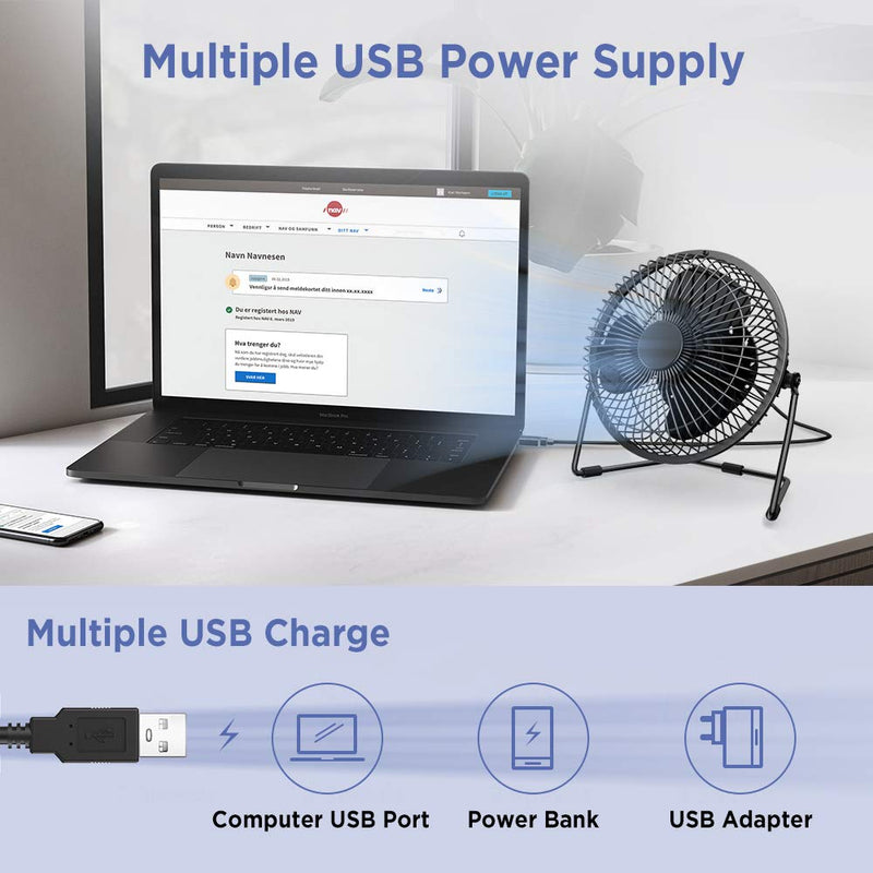 EasyAcc 6 Inch USB Desk Fan, [ Small Quiet Powerful Metal Fan ] USB Powered Portable Fan, Strong Airflow& 360°Rotation Personal Table Cooling Fan with 2 Speed - Black (USB POWERED ONLY) 6" USB Fan