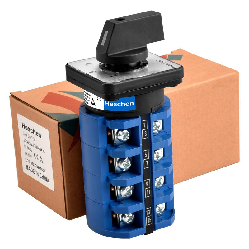 [AUSTRALIA] - Heschen Universal Rotary Cam Selector Changeover Switch, SZW26-63/D404.4, 660V 63A, ON-Off-ON 3 Position 4 Phase, 4NO+4NC, 16 Terminals, CE 