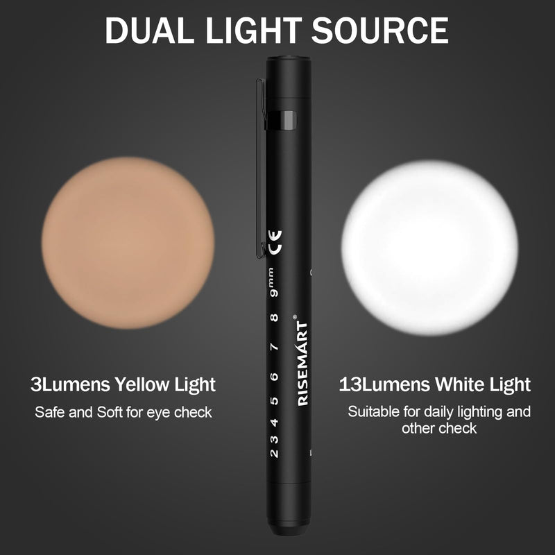RISEMART Pupil Light Diagnostic Light with Pupil Meter and Ruler, Warm/Cool White, Rechargeable USB LED Pen Lamp for Nurses, Students, Doctors (Black) black