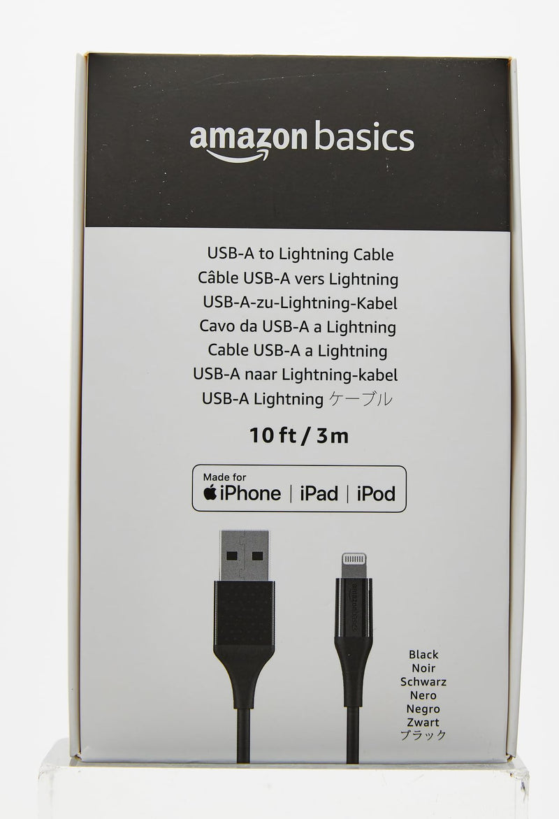 Amazon Basics - USB-A to Lightning ABS Charger Cable (10 feet), MFi Certified for Apple iPhone 14 13 12 11 X Xs Pro, Pro Max, Plus, iPad, 10,000 Bend Lifespan, Black 10 feet