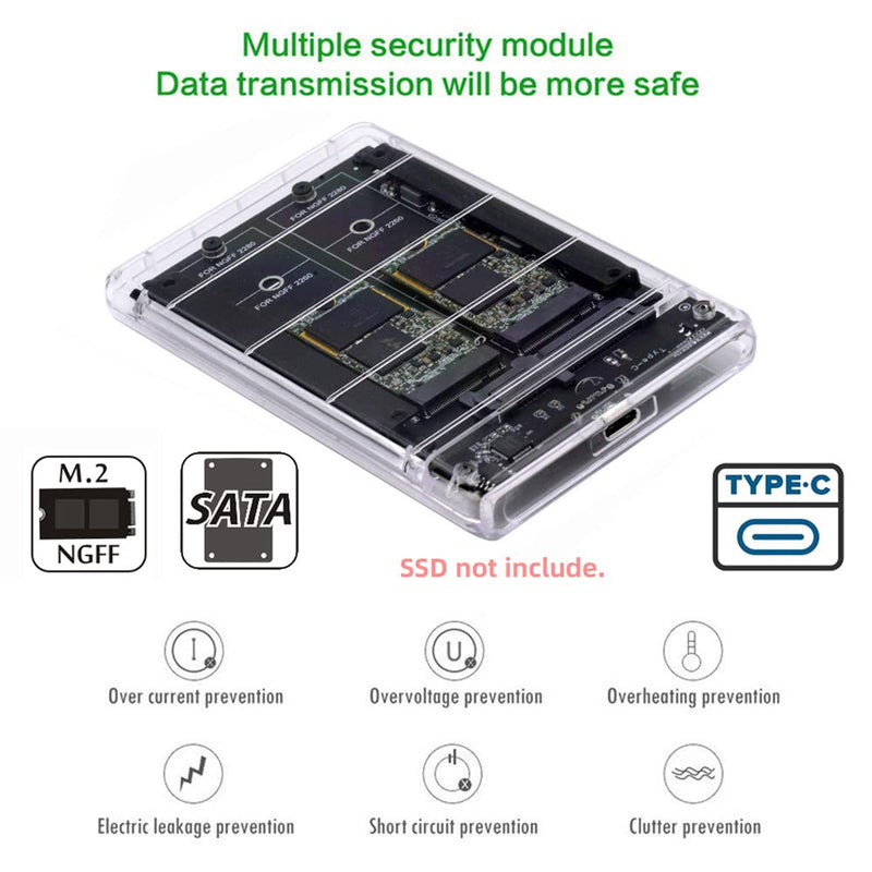 cablecc Dual NGFF B+M-Key M.2 SSD Card JOBD Raid0 Span Bridge to USB3.0 Type-C USB-C 2.5inch SATA Combo Enclosure Dual NGFF B+M-Key to USB3.0 SATA Enclosure