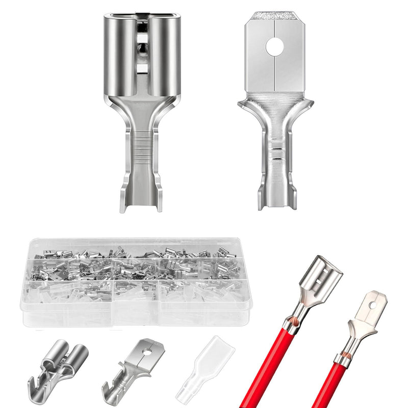 100 x thickened 6.3 mm blade receptacles and 100 x flat connectors, brass tinning, highly conductive blade receptacles 6.3 mm with insulating sleeves 6.3mm Spade Connectors