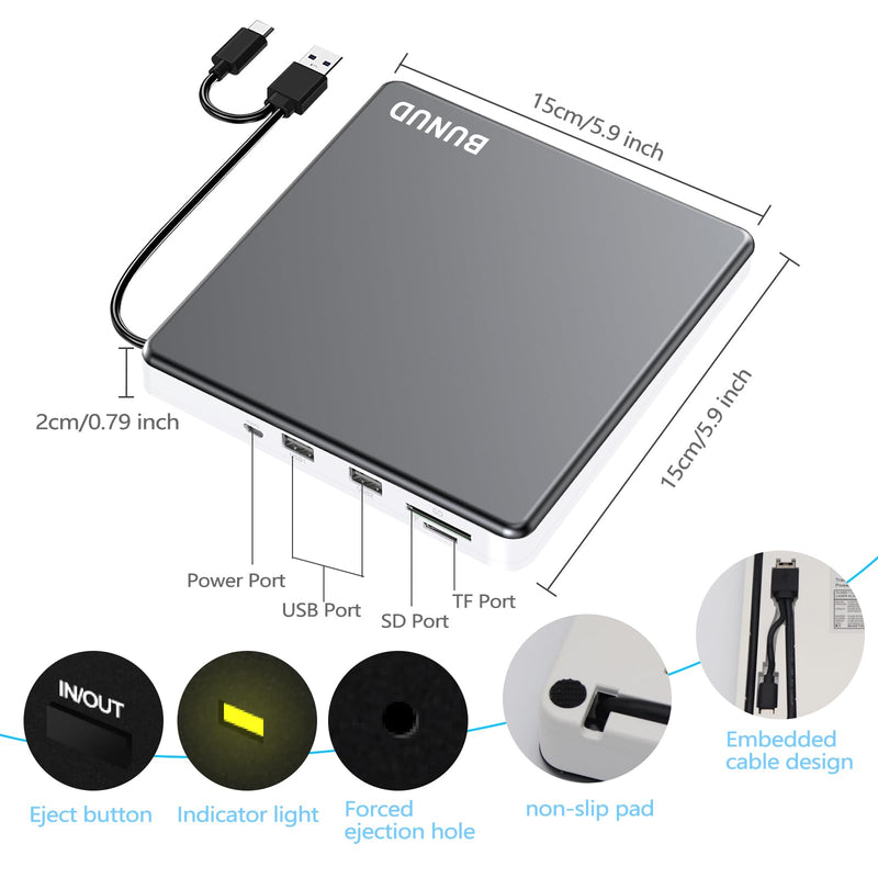 BUNUD External DVD Drive for Mac, Plug & Play with Reliable USB/SD/TF Ports | USB 3.0 & USB C DVD Player for Laptop PC, Portable CD Burner Reader SuperDrive for MacBook Windows, Aluminum Alloy, Grey