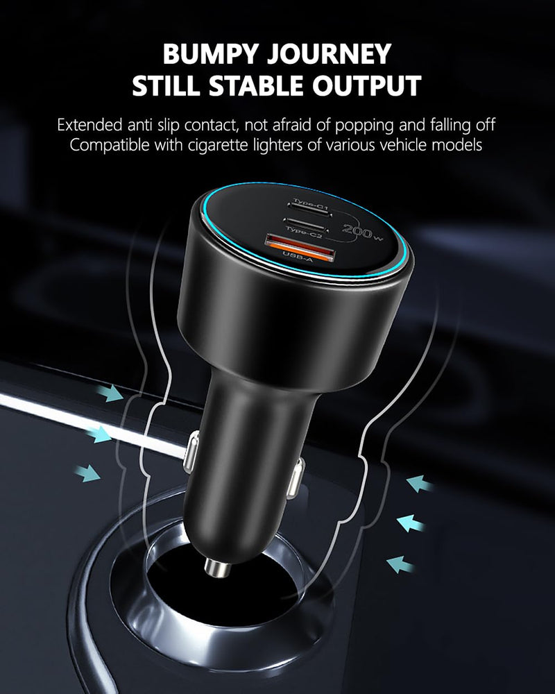 200W Car Charger, USB C Car Charger PD3.0 QC4.0 PPS Fast Charging Car Adapter with 2 100W USB C Cable 3 Port Type C Cigarette Lighter for Dell XPS, MacBook, iPhone 16 15 14, Galaxy S24 Ultra, iPad Pro Black 200W