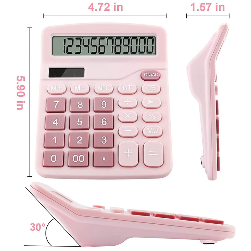 Office Calculators Desktop, 12-Digit Dual Power Cute Calculator with Large LCD Display Big Button for Office Home and School (Pink) Pink