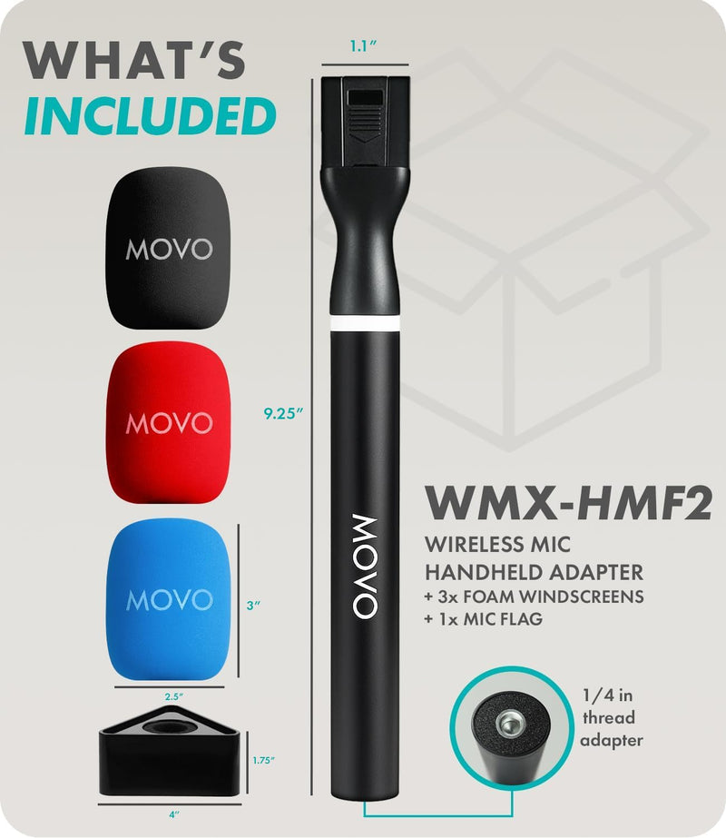 Movo WMX-HMF2 Wireless Microphone Handle with Mic Flag – Handheld Grip for DJI Mic, Rode GO II – Includes Lav Microphone Holder, Adapter & 3 Windscreens – for Interviews, YouTube & TikTok
